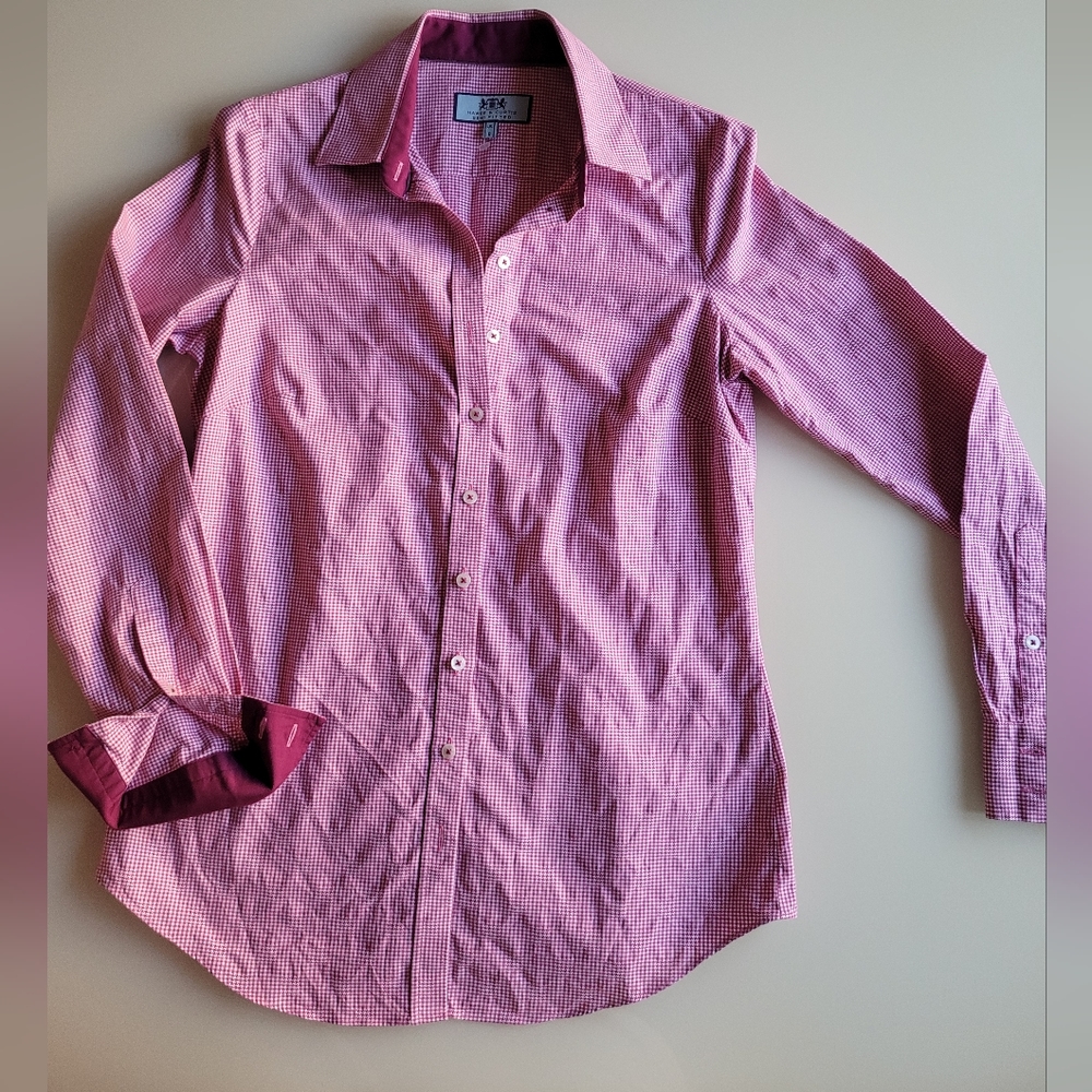 Hawes & Curtis Semi Fitted Pink & White Jaquard Houndtooth Button Down Shirt